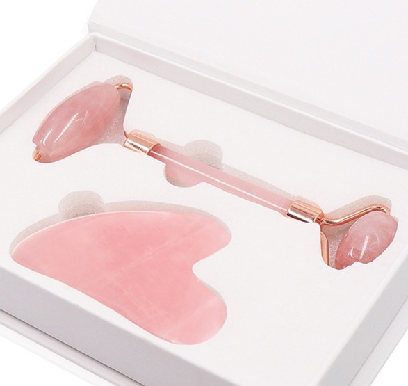 Polinexacosh Rose Quartz Roller & Gua Sha Set: 2-in-1 Dual-Sided Facial Massager for Face Lifting, Puffiness Relief & Lymphatic Drainage (Natural Pink Crystal)