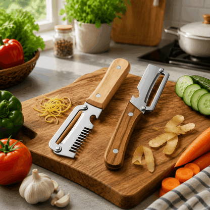 💟💟Navozilo®  3-in-1 Stainless Steel Vegetable Peeler with Wooden Handle & Bottle Opener