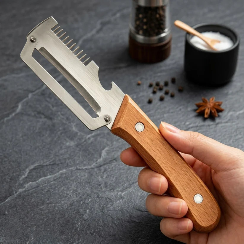💟💟Navozilo®  3-in-1 Stainless Steel Vegetable Peeler with Wooden Handle & Bottle Opener