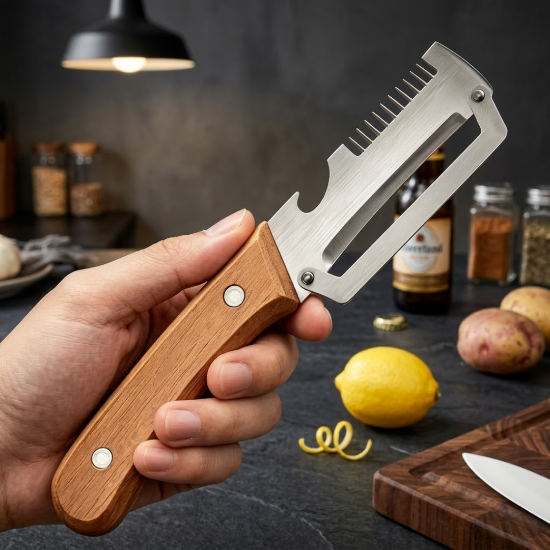 💟💟Navozilo®  3-in-1 Stainless Steel Vegetable Peeler with Wooden Handle & Bottle Opener