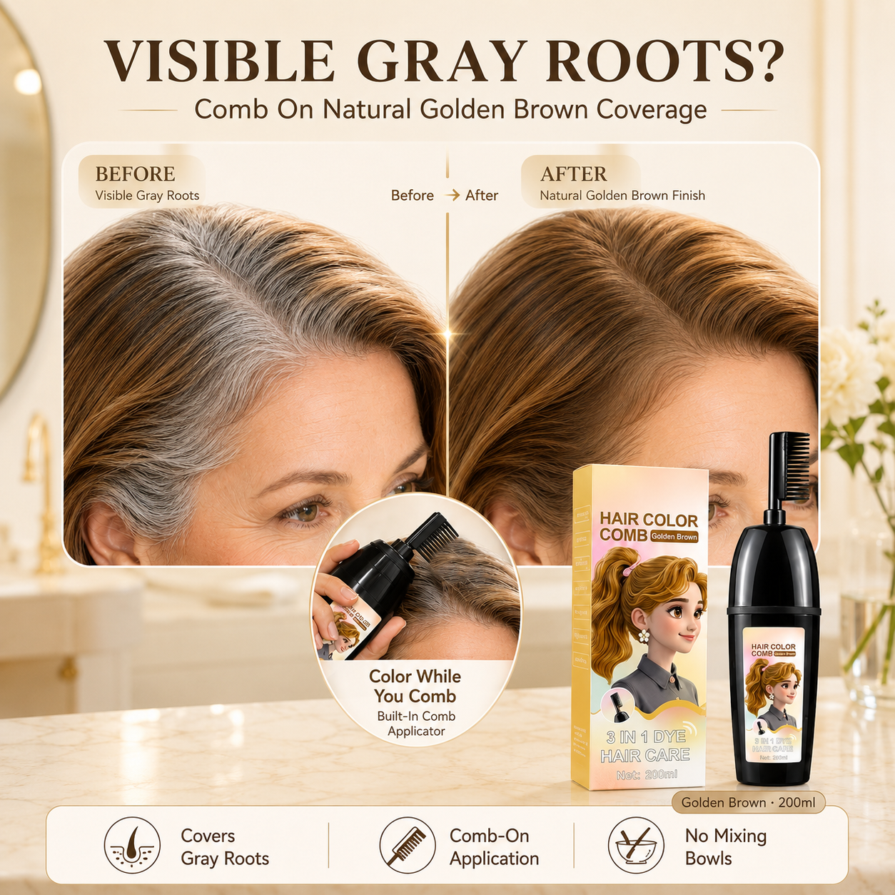 NAVOZILO®3-in-1 Hair Color Comb - Ammonia-Free DIY Hair Dye Shampoo Brush for Flawless Gray Coverage & Root Touch-Up (10-Min Fast Acting)