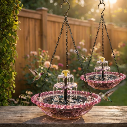 navozilo® Hanging Glass Bird Feeder with Solar Fountain Pump for Outdoor Garden Yard Decoration