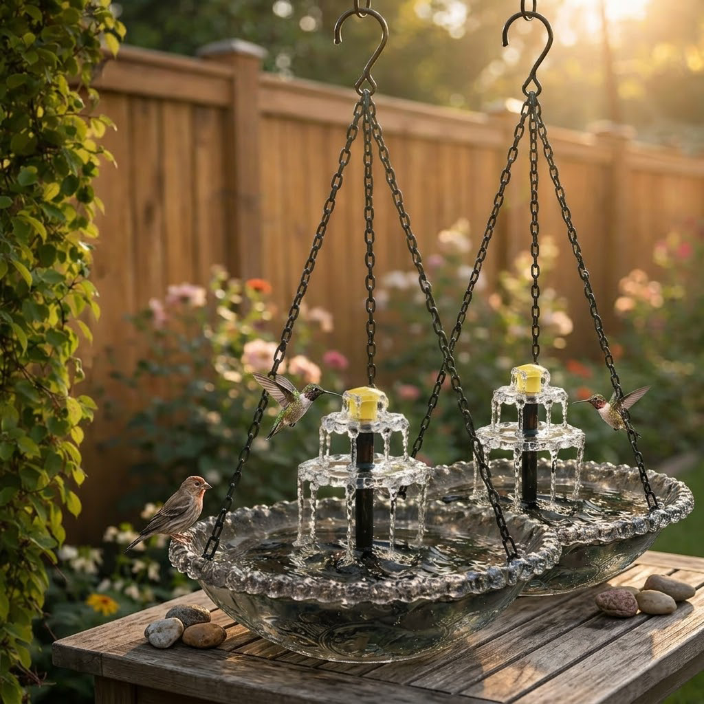 navozilo® Hanging Glass Bird Feeder with Solar Fountain Pump for Outdoor Garden Yard Decoration