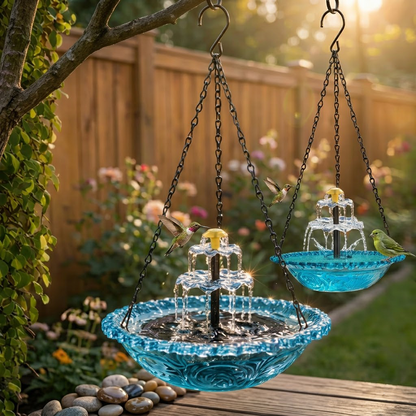 navozilo® Hanging Glass Bird Feeder with Solar Fountain Pump for Outdoor Garden Yard Decoration
