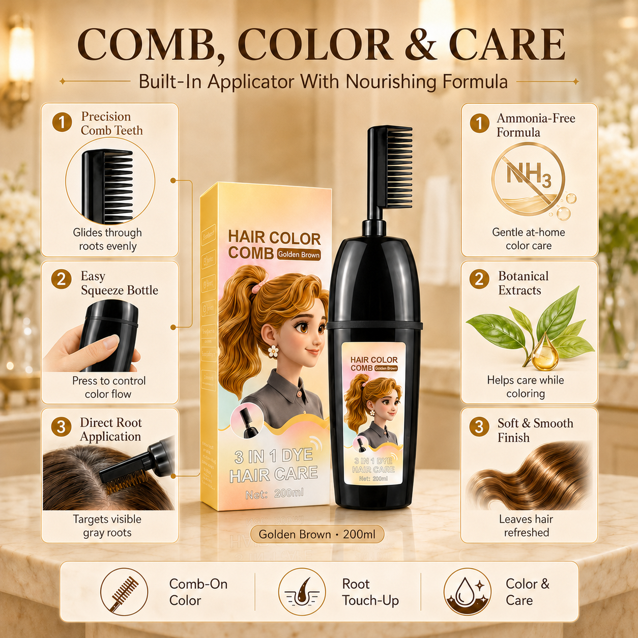 NAVOZILO®3-in-1 Hair Color Comb - Ammonia-Free DIY Hair Dye Shampoo Brush for Flawless Gray Coverage & Root Touch-Up (10-Min Fast Acting)