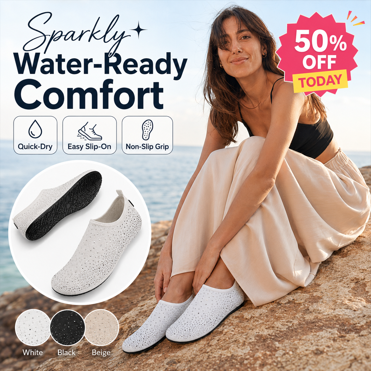 LAST DAY 50% OFF | NAVOZILO®Sparkly Slip-On Shoes For Beach, Rain & Travel