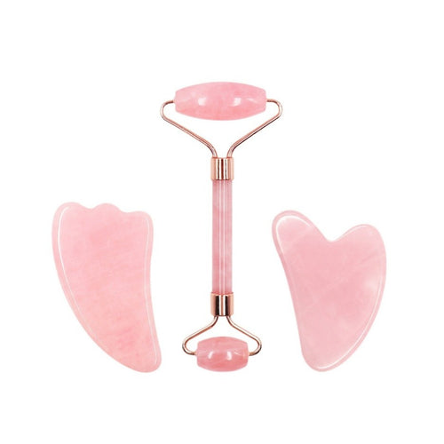 Polinexacosh Rose Quartz Roller & Gua Sha Set: 2-in-1 Dual-Sided Facial Massager for Face Lifting, Puffiness Relief & Lymphatic Drainage (Natural Pink Crystal)