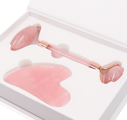 Polinexacosh Rose Quartz Roller & Gua Sha Set: 2-in-1 Dual-Sided Facial Massager for Face Lifting, Puffiness Relief & Lymphatic Drainage (Natural Pink Crystal)