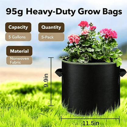 🍅Navozilo® 5-Pack 5 Gallon Grow Bags – Heavy Duty Aeration Fabric Pots🪴
