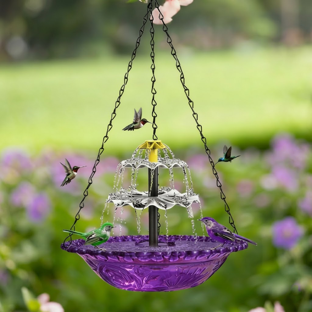 navozilo® Hanging Glass Bird Feeder with Solar Fountain Pump for Outdoor Garden Yard Decoration