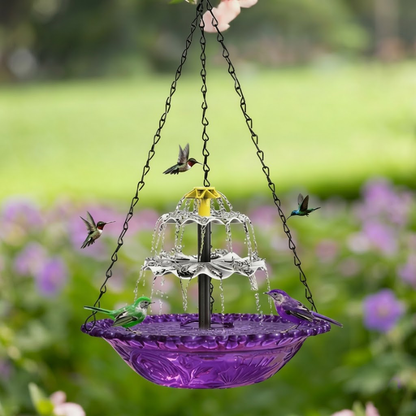 navozilo® Hanging Glass Bird Feeder with Solar Fountain Pump for Outdoor Garden Yard Decoration