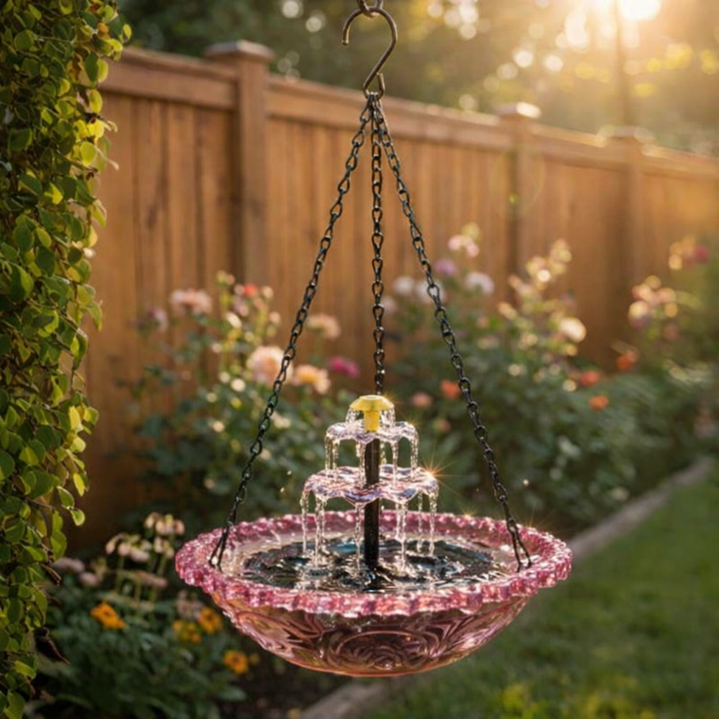 navozilo® Hanging Glass Bird Feeder with Solar Fountain Pump for Outdoor Garden Yard Decoration