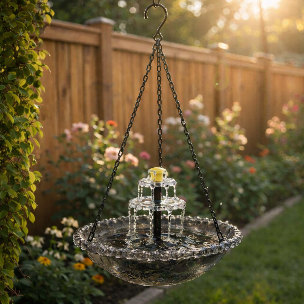 navozilo® Hanging Glass Bird Feeder with Solar Fountain Pump for Outdoor Garden Yard Decoration