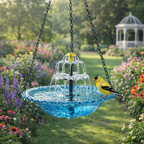 navozilo® Hanging Glass Bird Feeder with Solar Fountain Pump for Outdoor Garden Yard Decoration