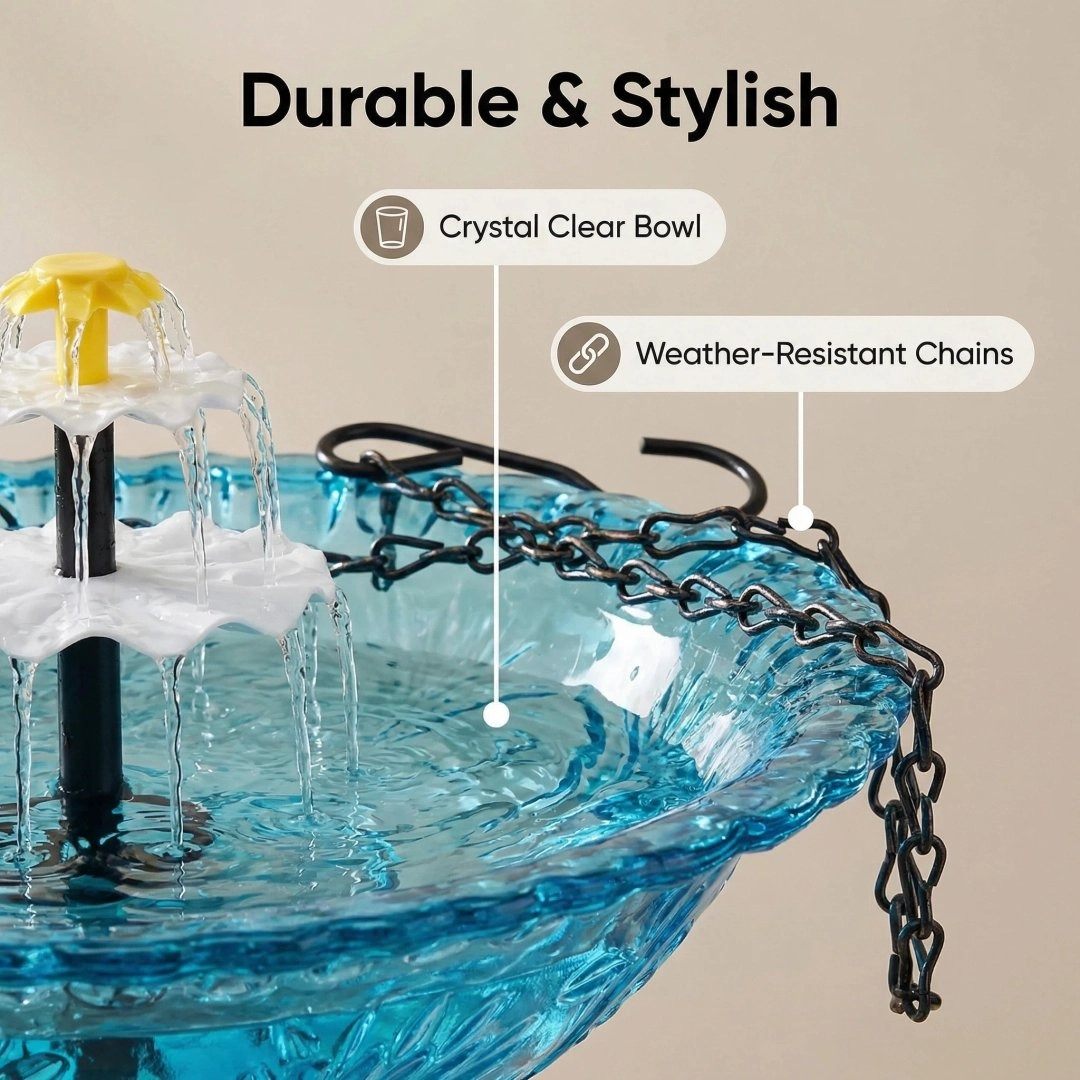 navozilo® Hanging Glass Bird Feeder with Solar Fountain Pump for Outdoor Garden Yard Decoration