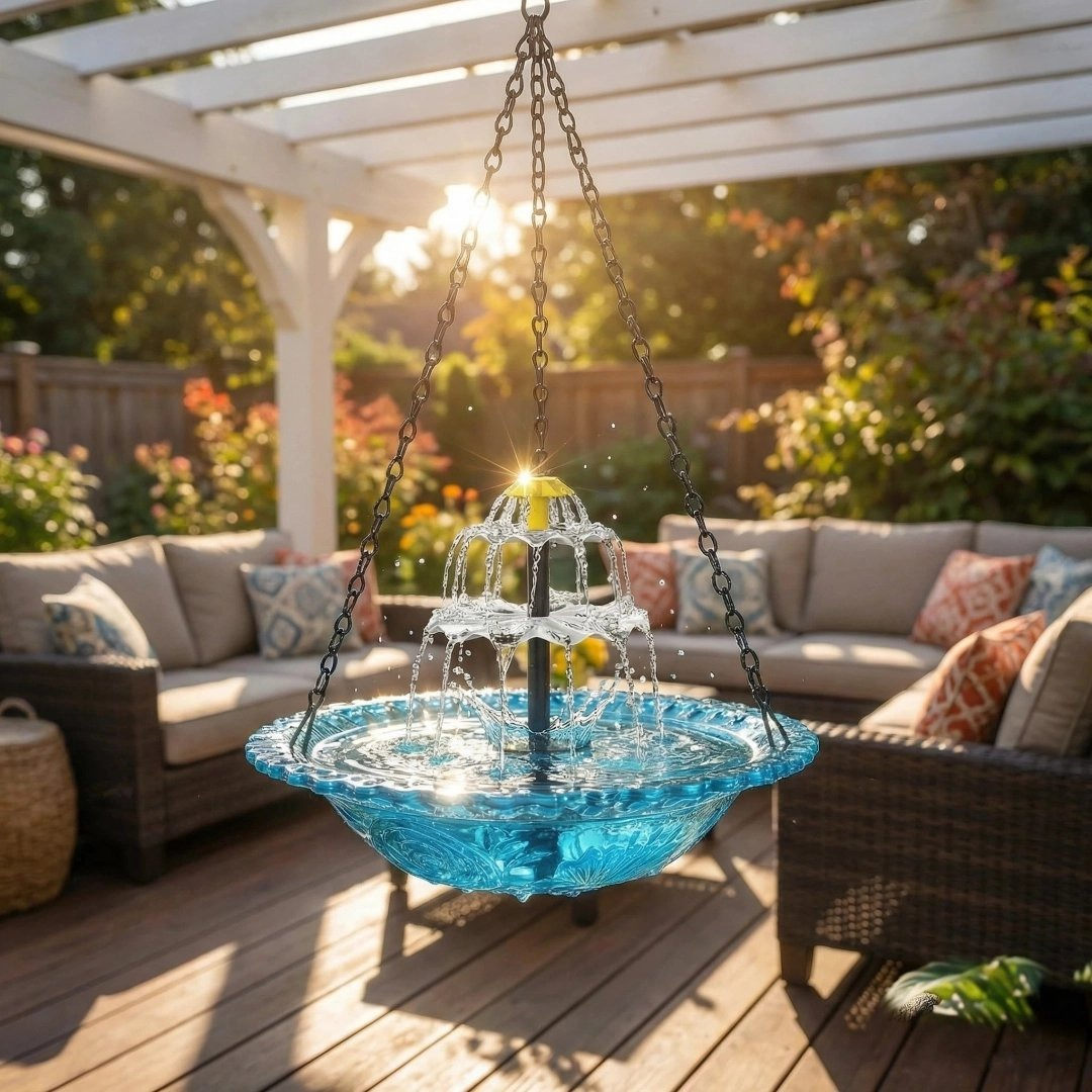 navozilo® Hanging Glass Bird Feeder with Solar Fountain Pump for Outdoor Garden Yard Decoration