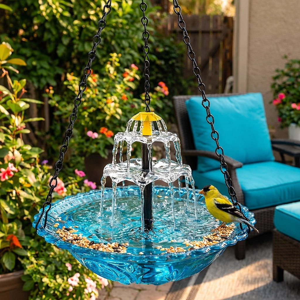 navozilo® Hanging Glass Bird Feeder with Solar Fountain Pump for Outdoor Garden Yard Decoration