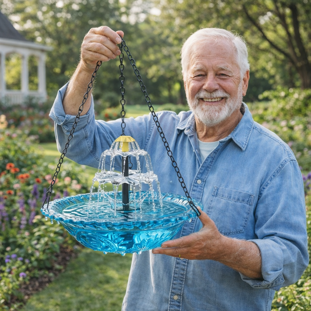 navozilo® Hanging Glass Bird Feeder with Solar Fountain Pump for Outdoor Garden Yard Decoration